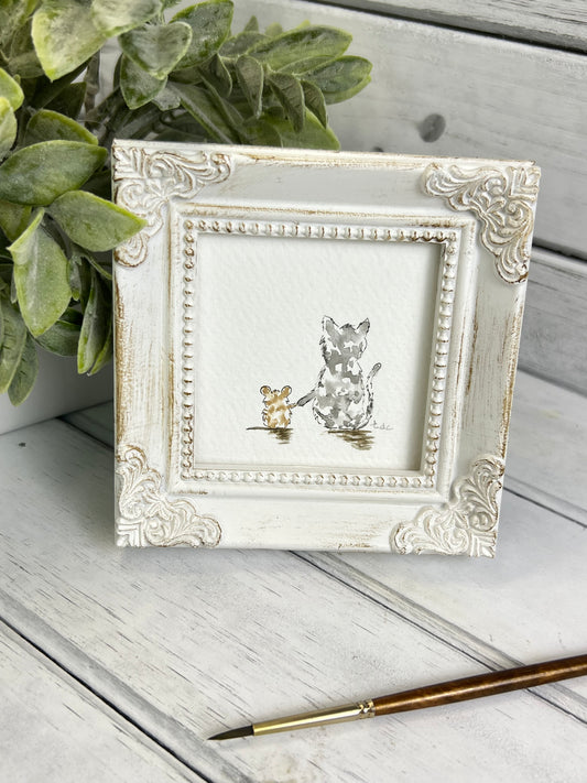 "Holding Paws" - Hand Painted Watercolor Framed Art