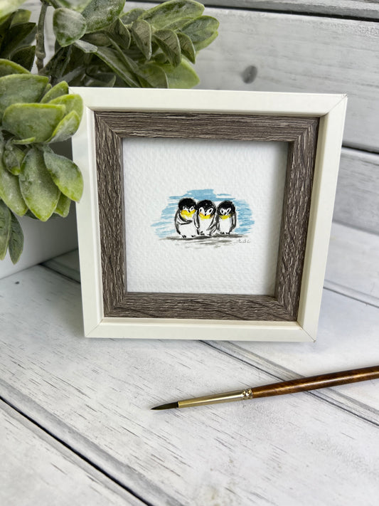 "Penguins" - Hand Painted Watercolor Framed Art