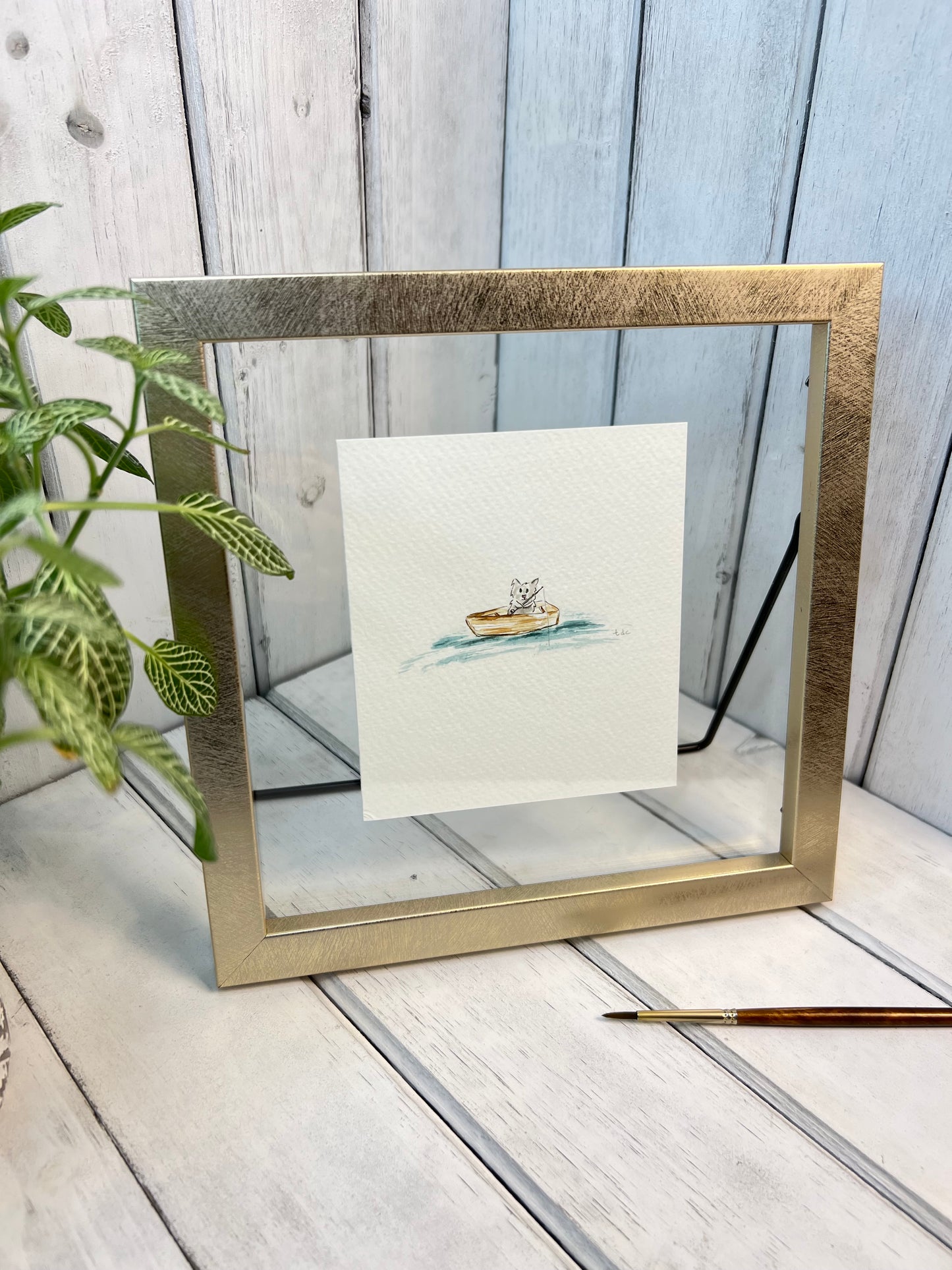 "Cat Fishing" - Original Watercolor Framed Art