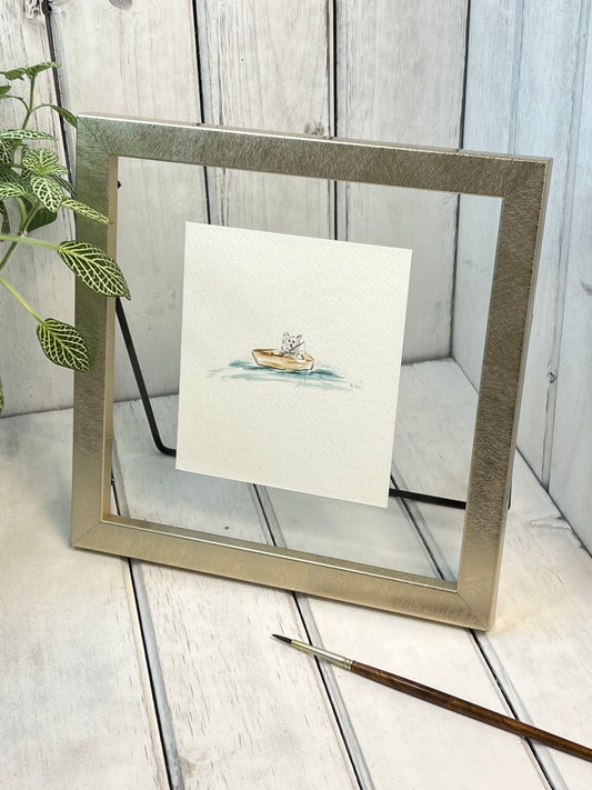 "Cat Fishing" - Original Watercolor Framed Art