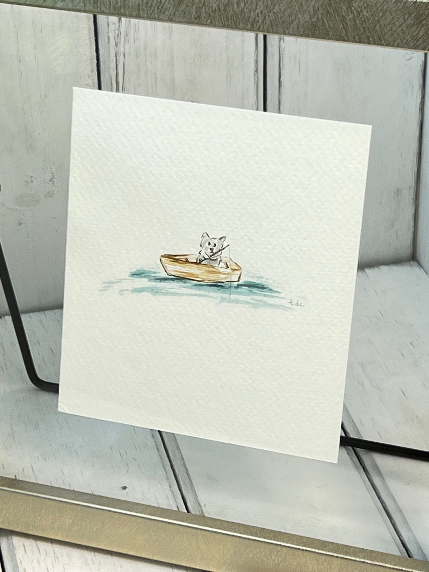 "Cat Fishing" - Original Watercolor Framed Art