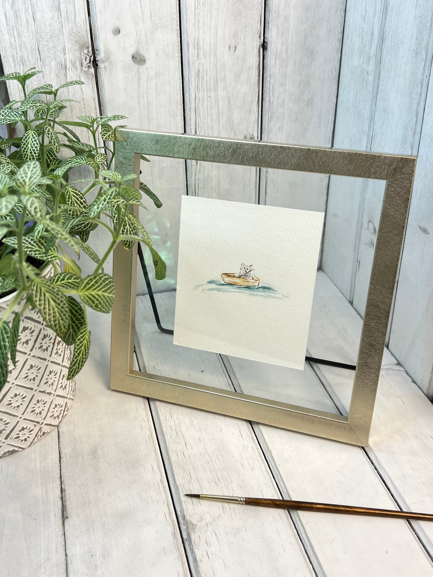 "Cat Fishing" - Original Watercolor Framed Art