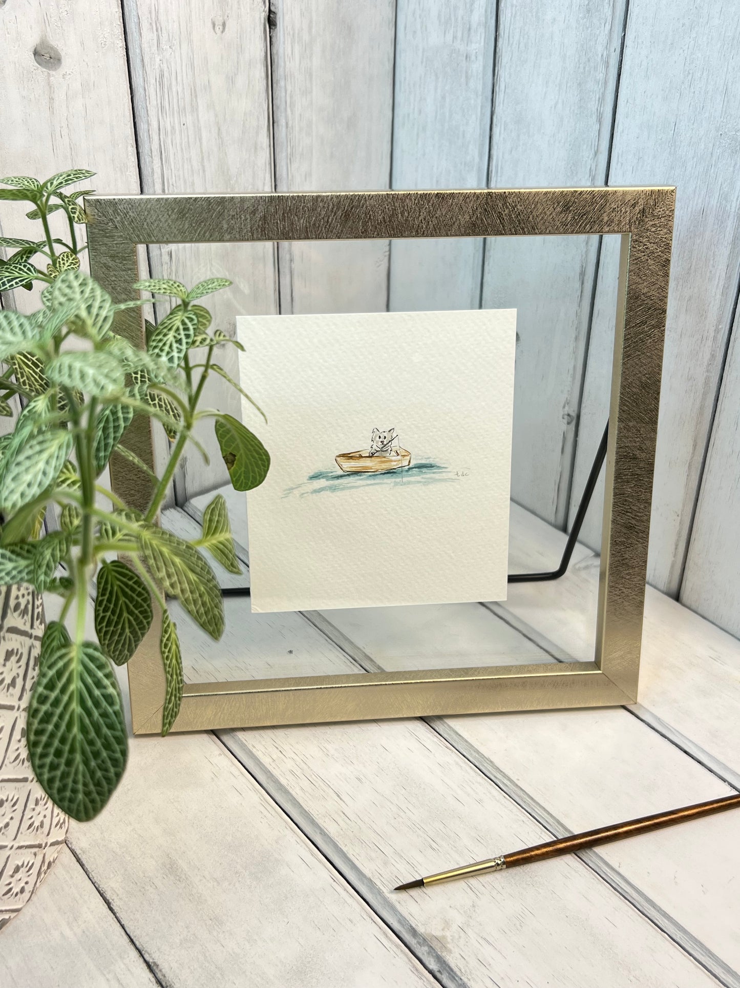 "Cat Fishing" - Original Watercolor Framed Art