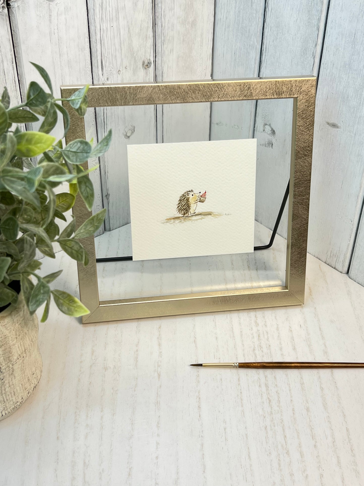 "Hedgehog with Cupcake" - Original Watercolor Framed Art