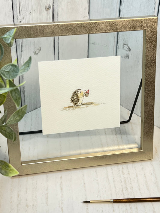 "Hedgehog with Cupcake" - Original Watercolor Framed Art