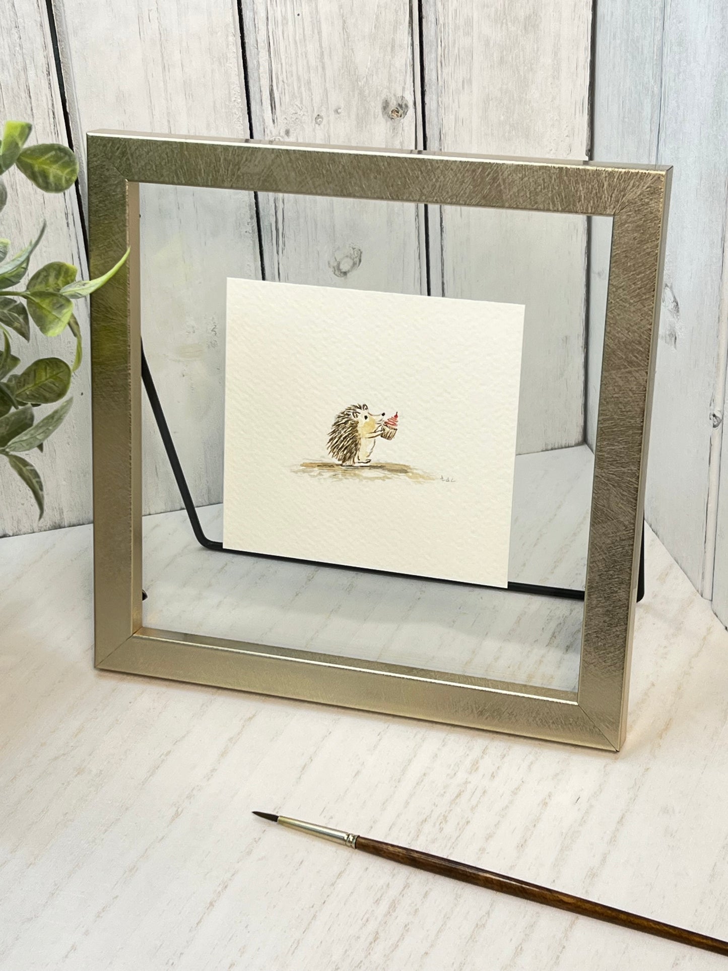 "Hedgehog with Cupcake" - Original Watercolor Framed Art