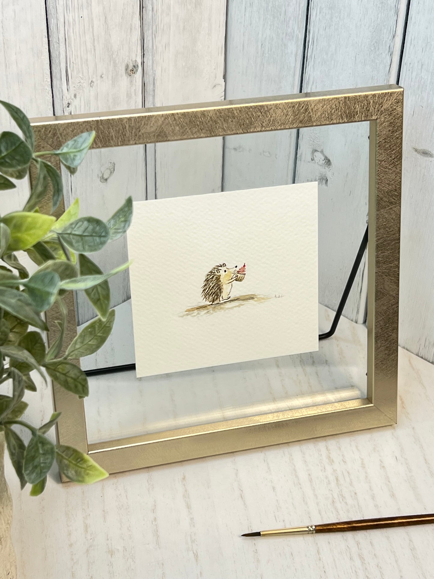 "Hedgehog with Cupcake" - Original Watercolor Framed Art
