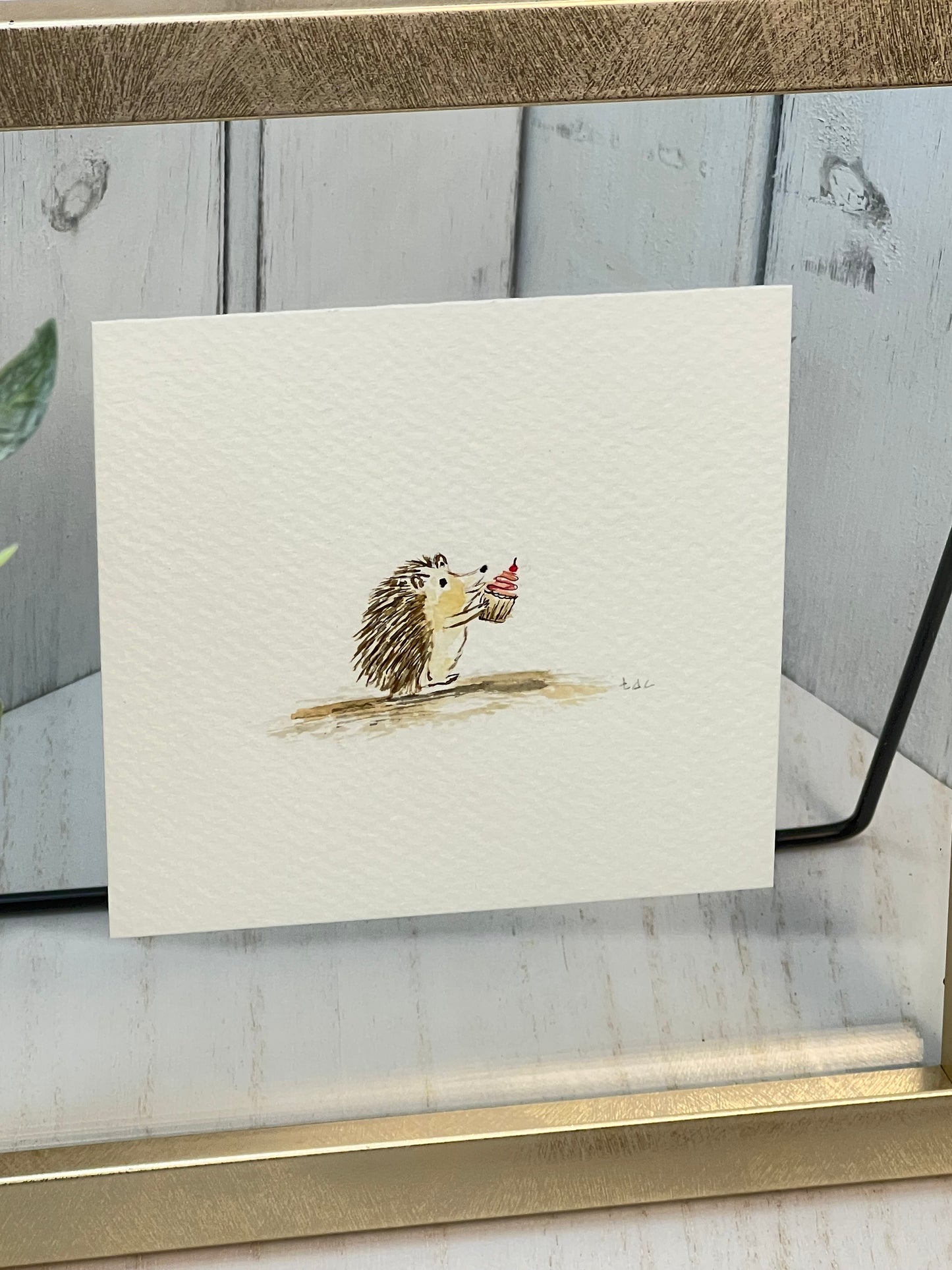 "Hedgehog with Cupcake" - Original Watercolor Framed Art