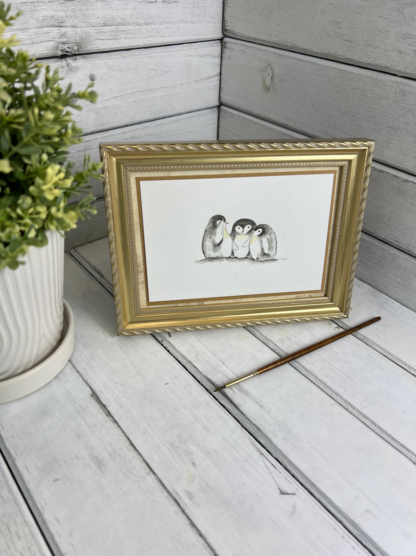 "Gossiping Penguins" - Original Watercolor Framed Art