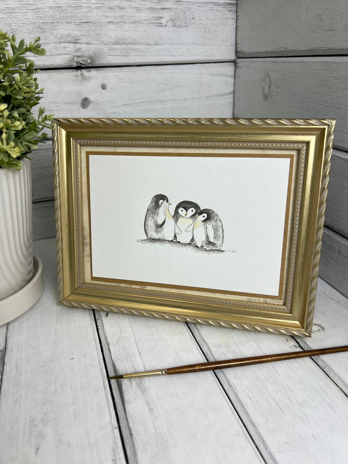 "Gossiping Penguins" - Original Watercolor Framed Art