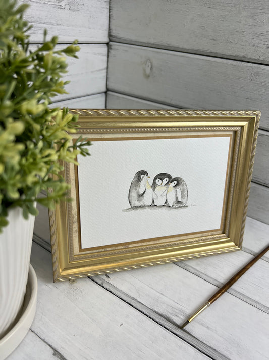 "Gossiping Penguins" - Original Watercolor Framed Art
