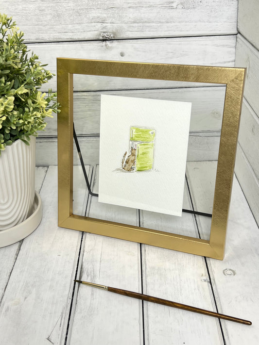 "Hungry Cat" - Original Watercolor Framed Art