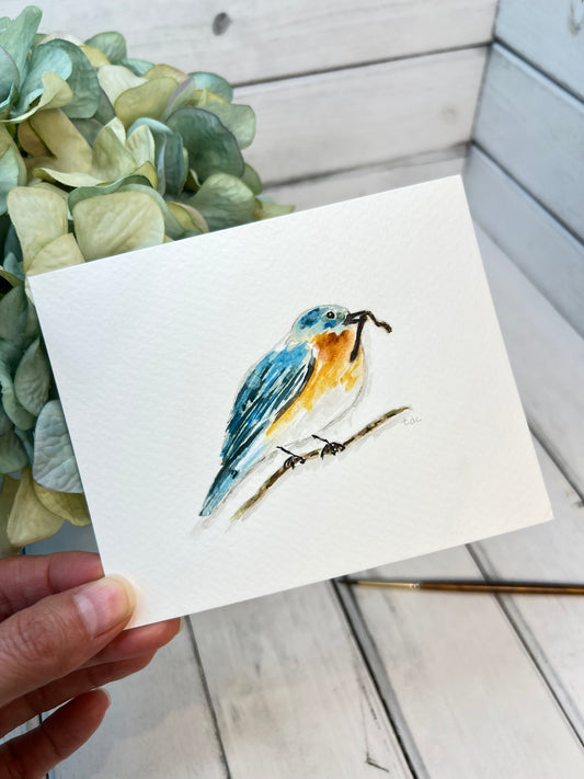 "Bird on a Branch" - Original Watercolor Framed Art