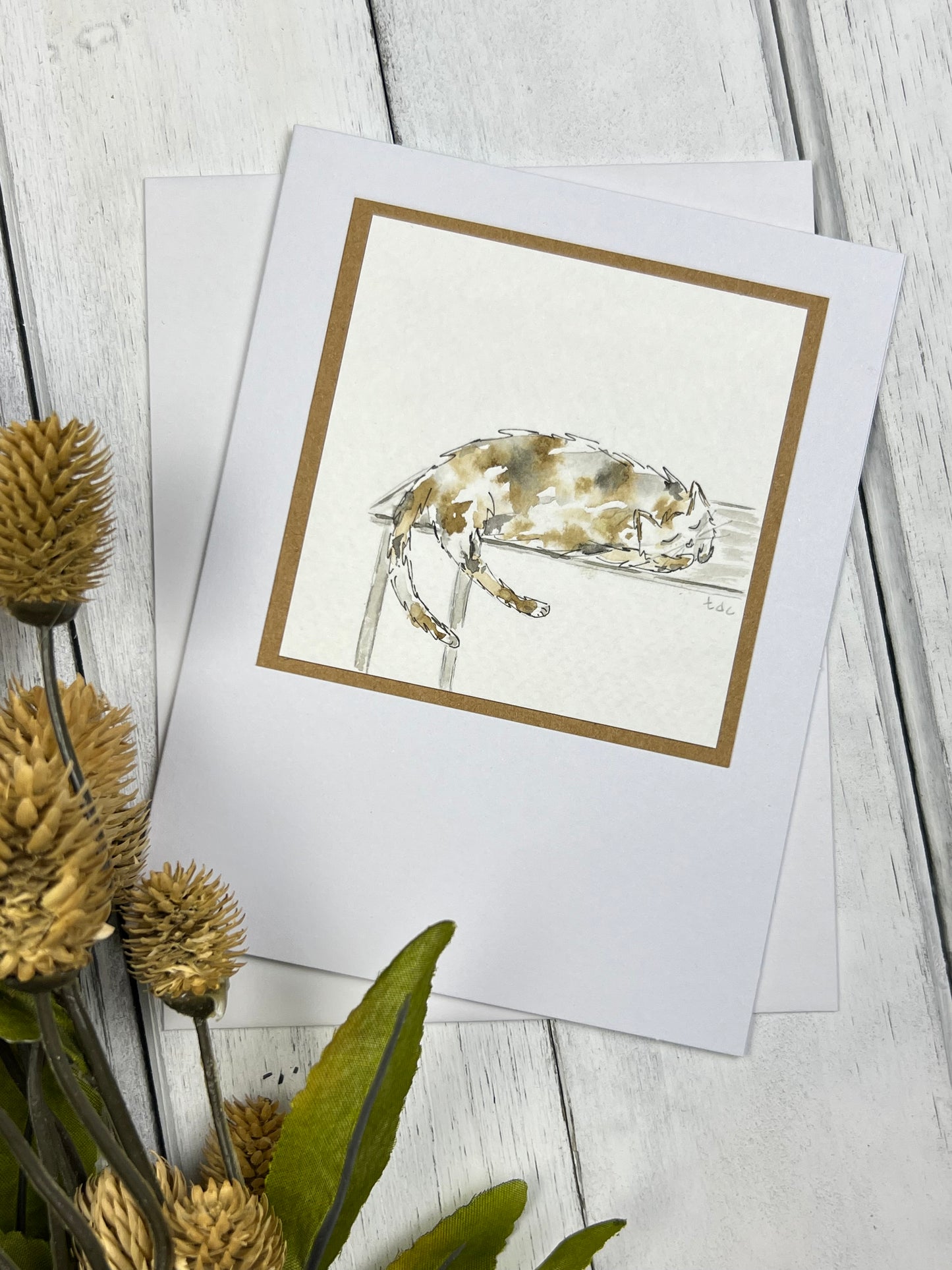"Sleepy Cat" - Hand Painted Watercolor Greeting Card