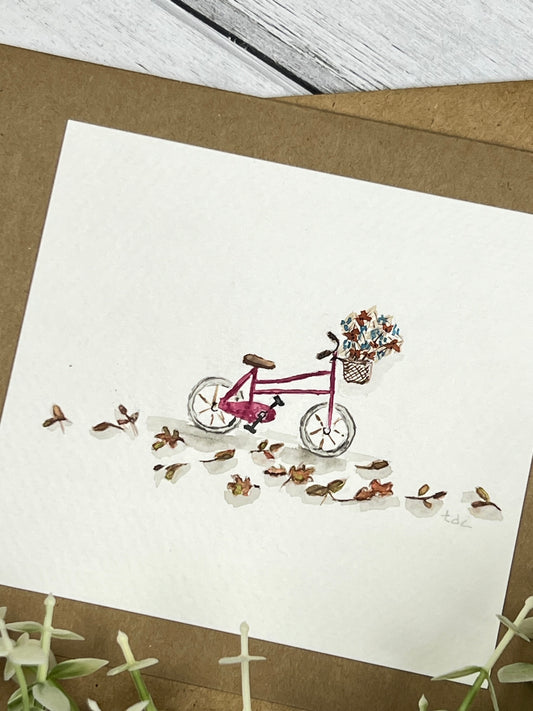"Fall Time Bike Ride" - Hand Painted Watercolor Greeting Card
