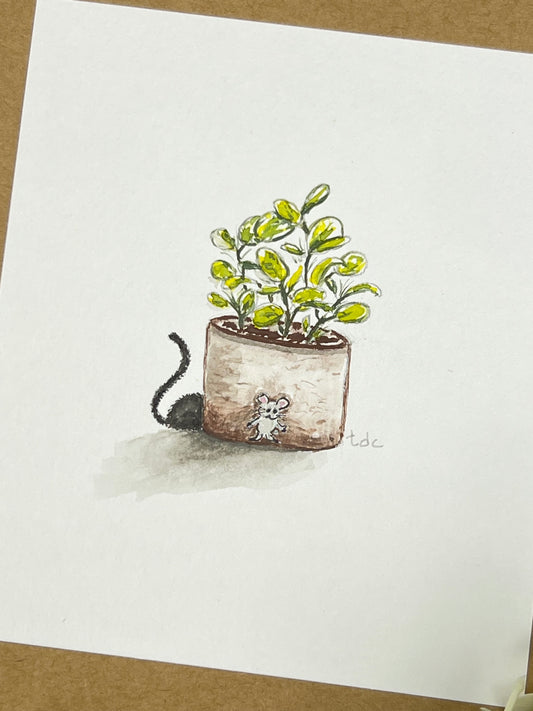 "Cat & Mouse" - Hand Painted Watercolor Greeting Card