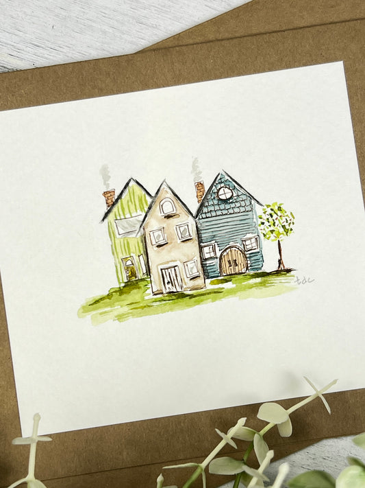 "Cottage Houses" - Hand Painted Watercolor Greeting Card