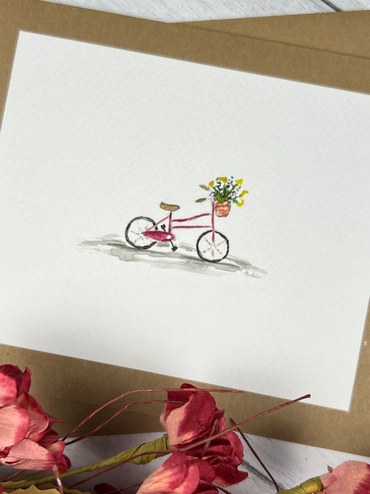 "Hot Pink Bicycle" - Hand Painted Watercolor Greeting Card