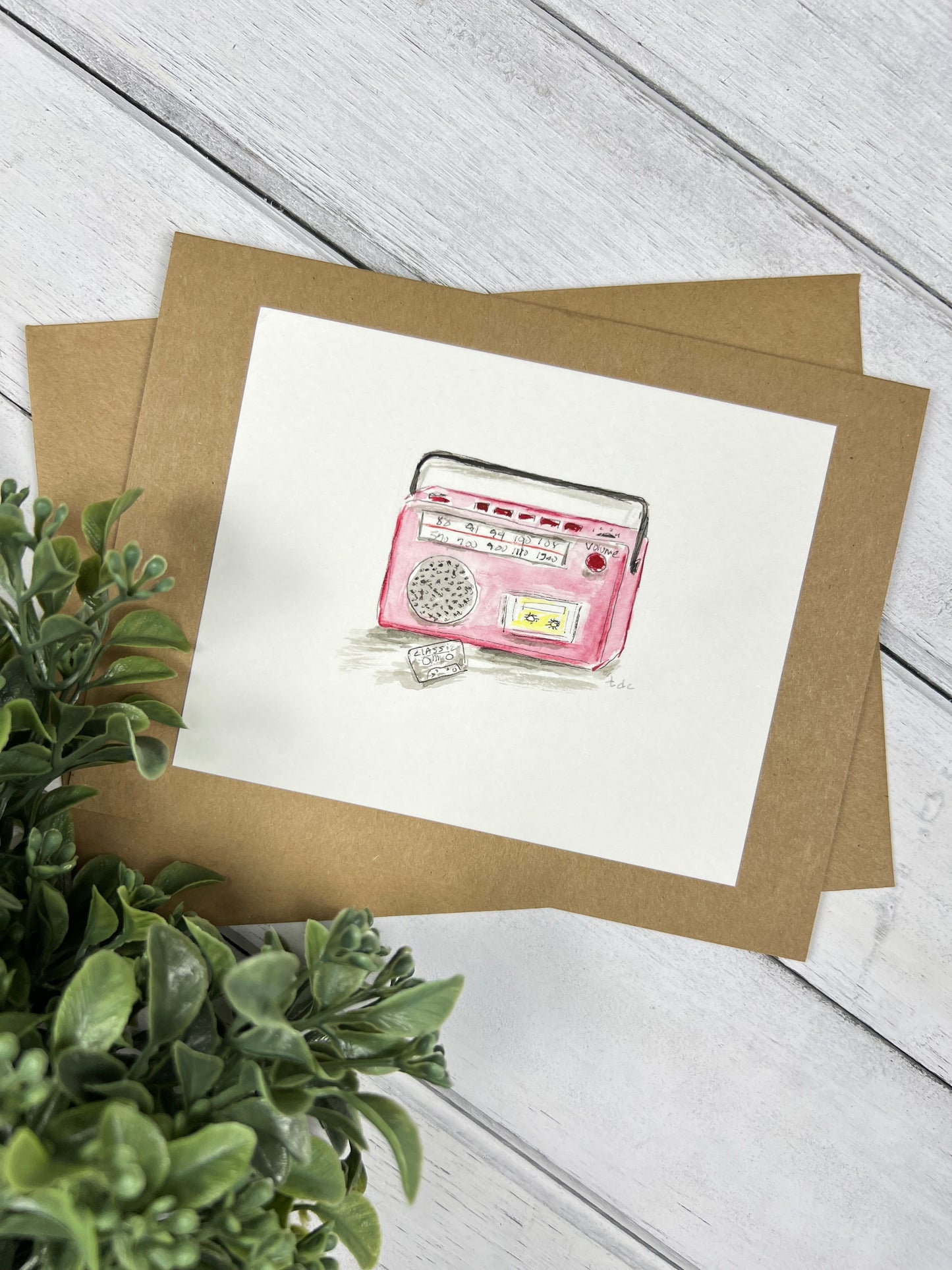 "Pink Radio" - Hand Painted Watercolor Greeting Card