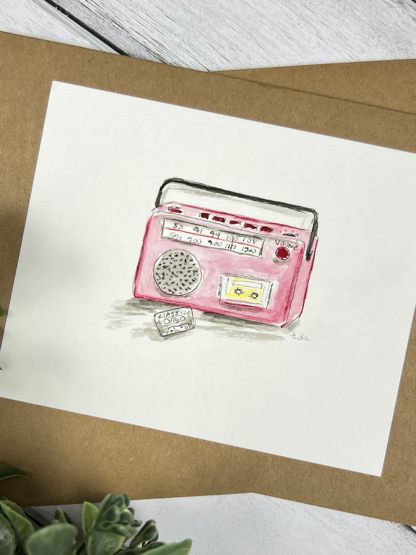 "Pink Radio" - Hand Painted Watercolor Greeting Card