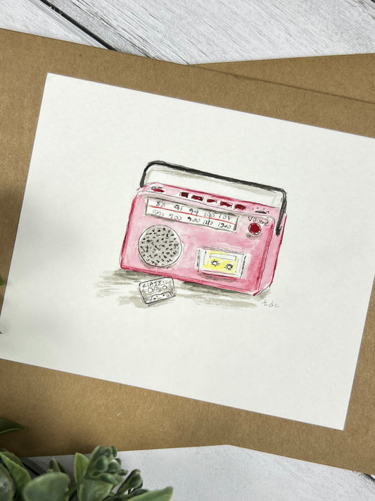 "Pink Radio" - Hand Painted Watercolor Greeting Card