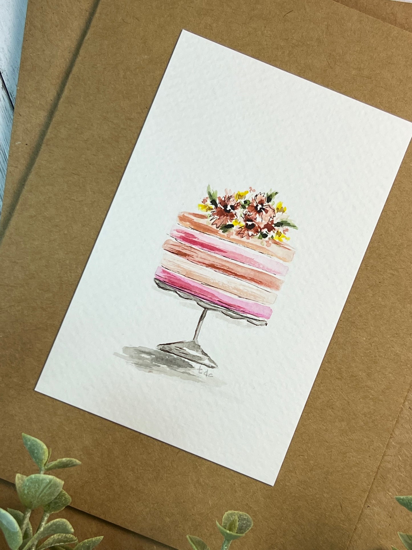 "Floral Cake" - Hand Painted Watercolor Greeting Card