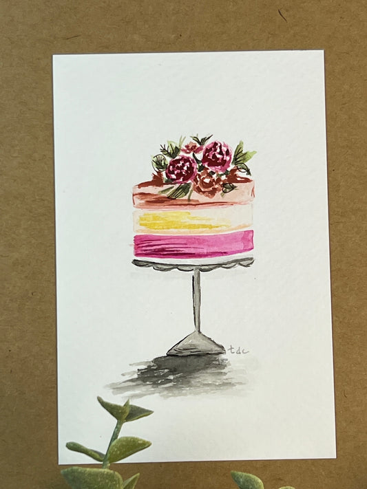 "Three Tier Cake" - Hand Painted Watercolor Greeting Card