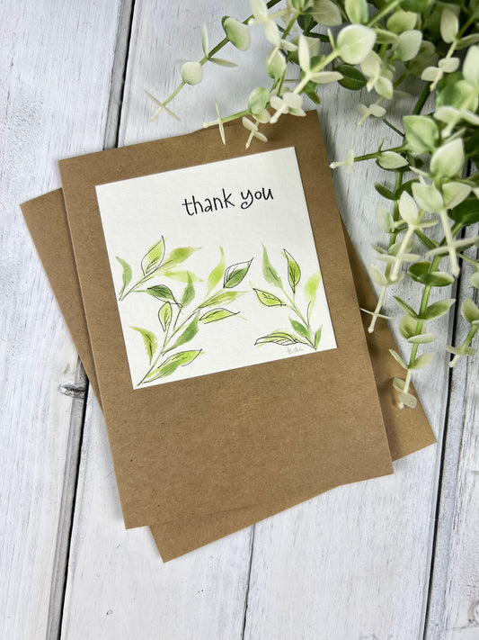 "Green Leaf Thank You" - Hand Painted Watercolor Greeting Card