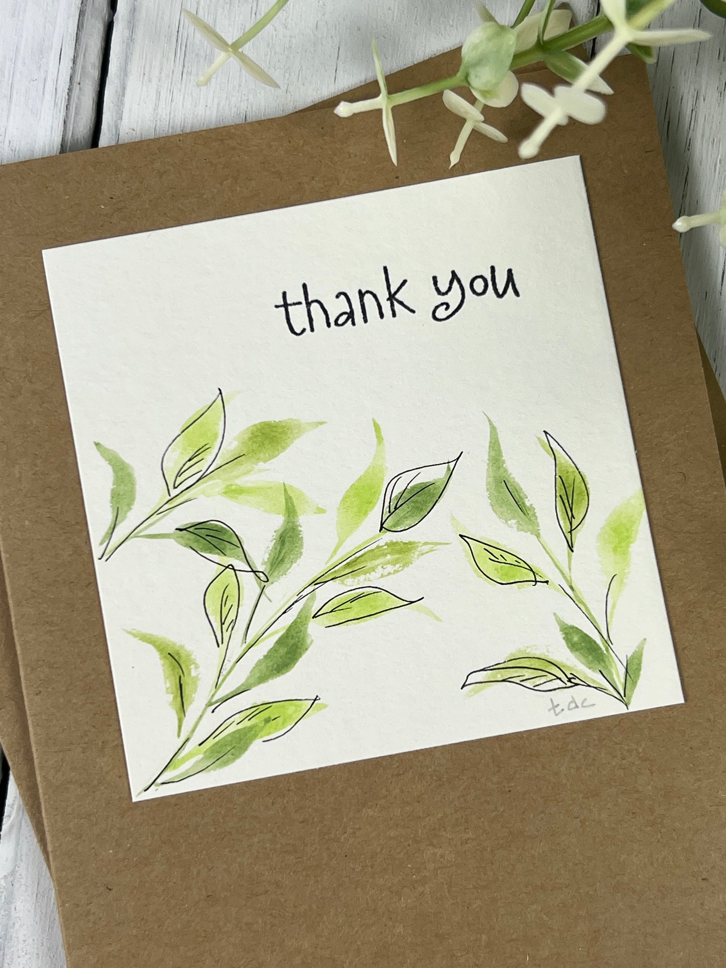 "Green Leaf Thank You" - Hand Painted Watercolor Greeting Card