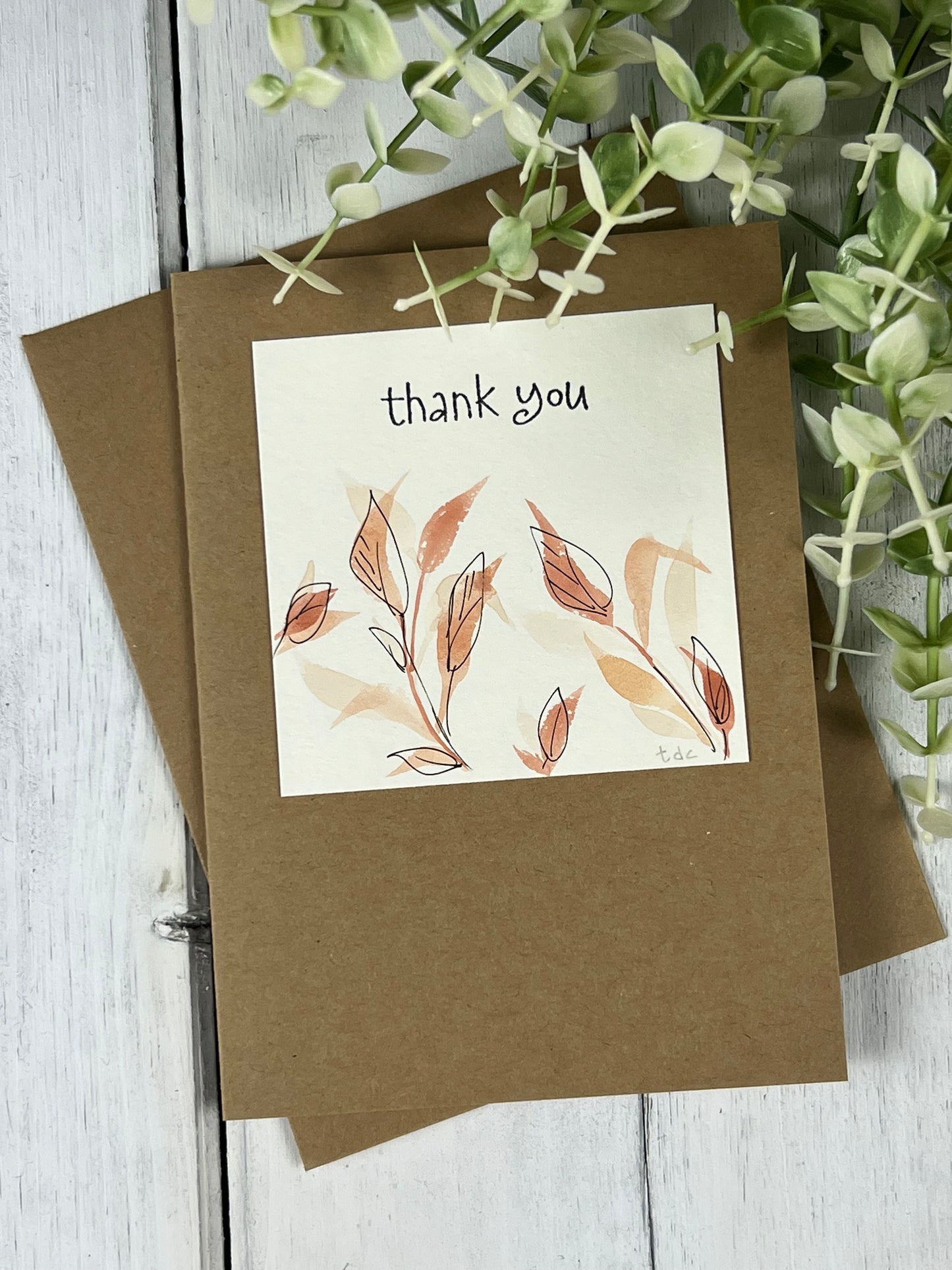 "Coral Leaf Thank You" - Hand Painted Watercolor Greeting Card