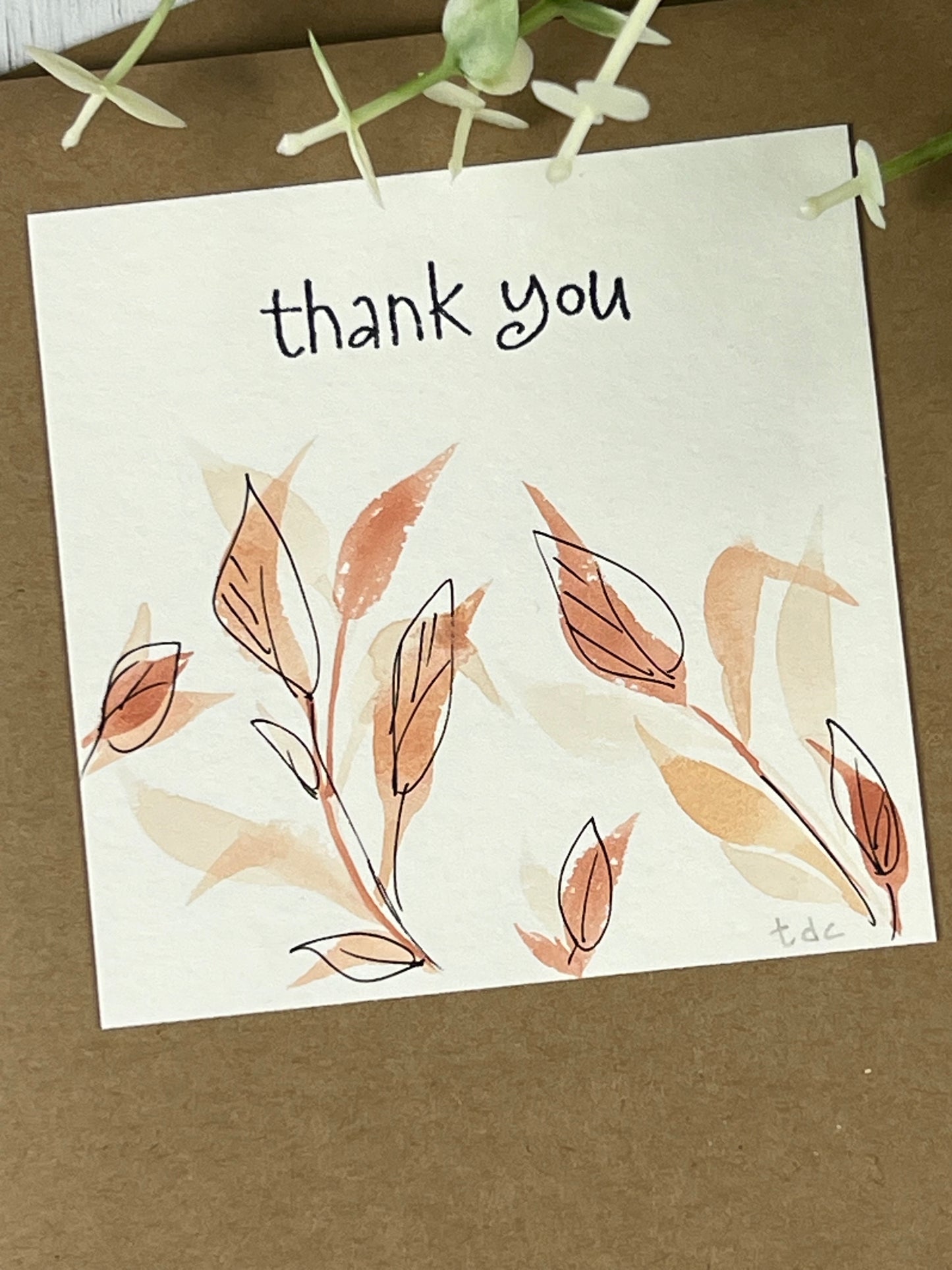 "Coral Leaf Thank You" - Hand Painted Watercolor Greeting Card