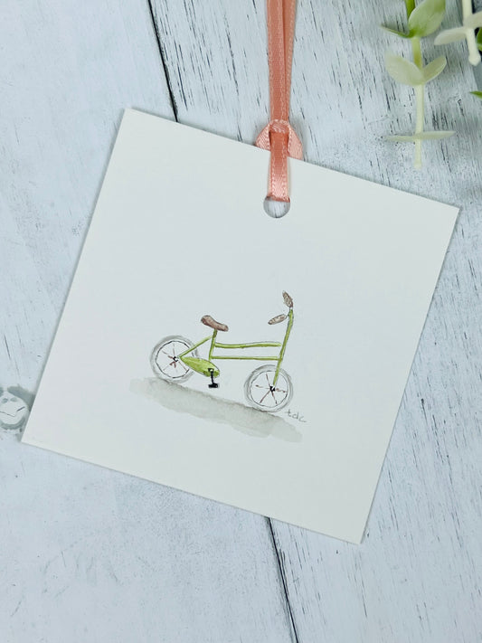 Gift Tag "Green Bicycle" - Hand Painted Watercolor