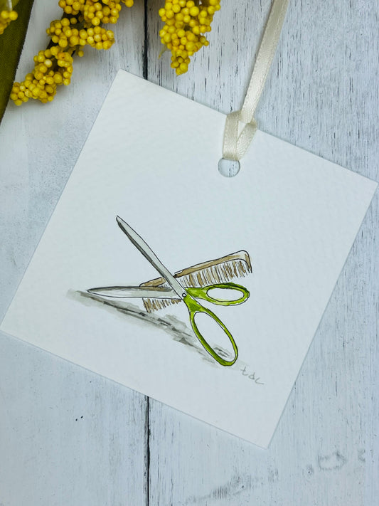 Gift Tag "Comb & Scissors" - Hand Painted Watercolor