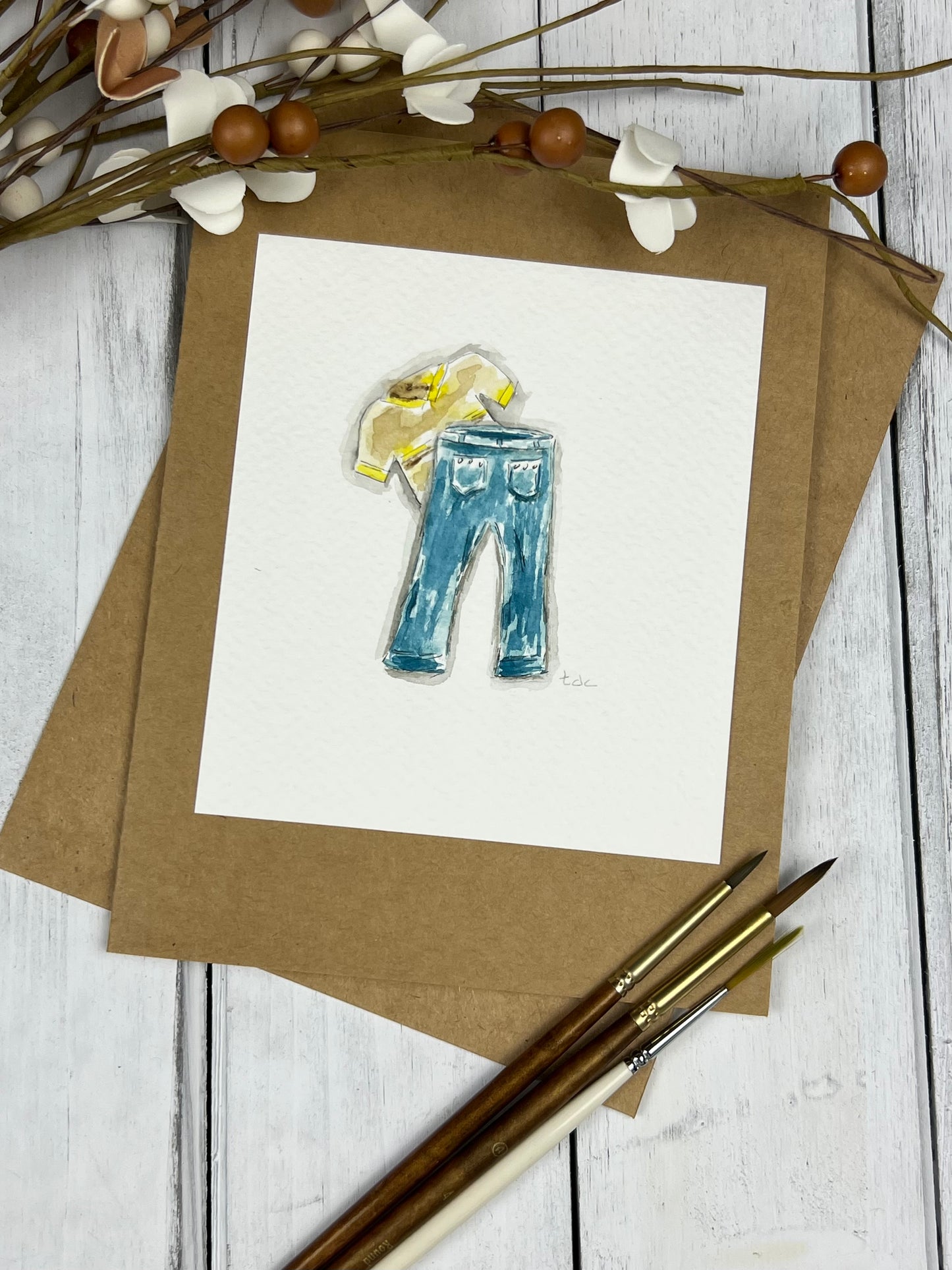 "Jeans & Collared Shirt" - Hand Painted Watercolor Greeting Card