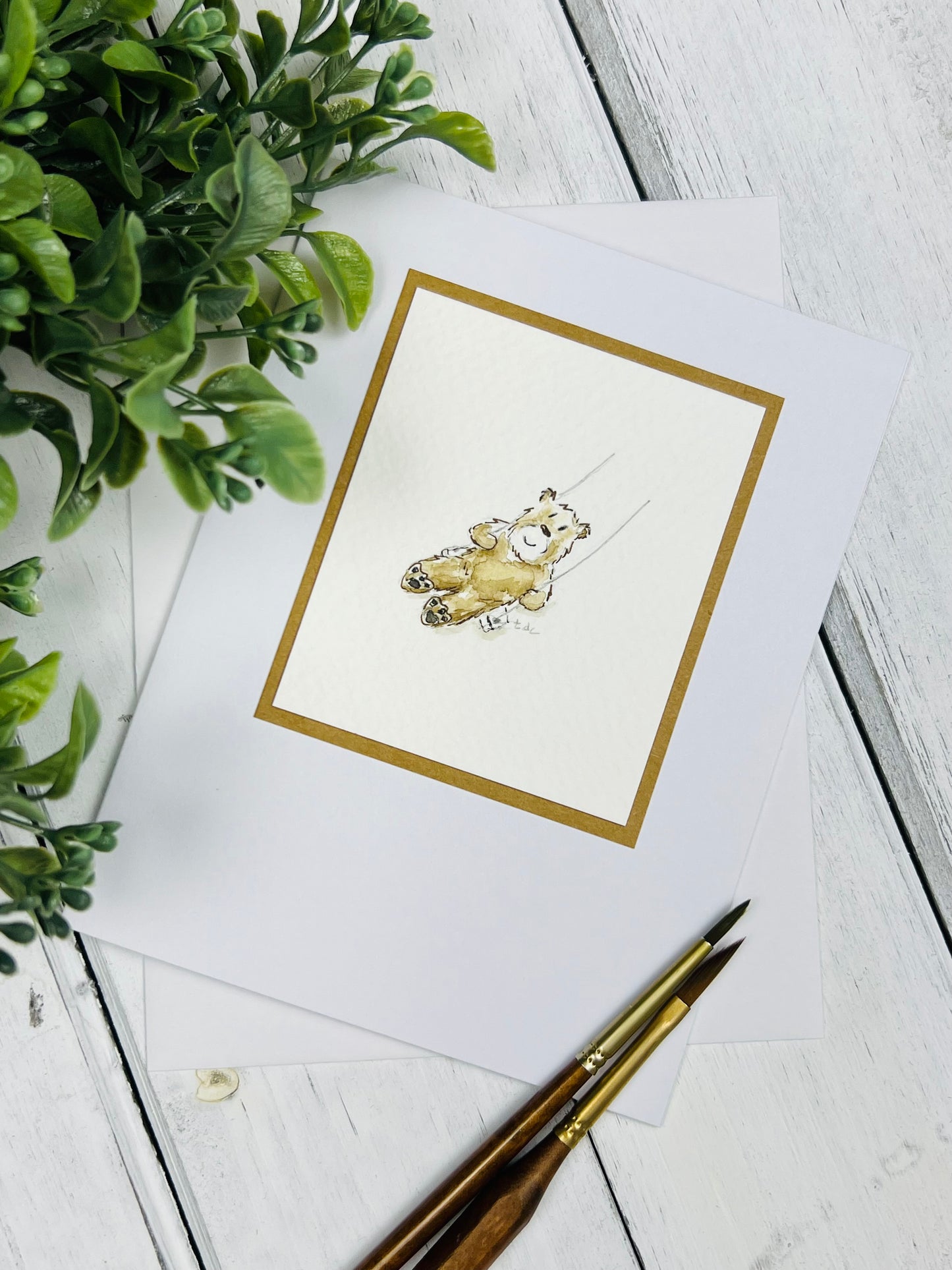 "Bear Swinging" - Hand Painted Watercolor Greeting Card