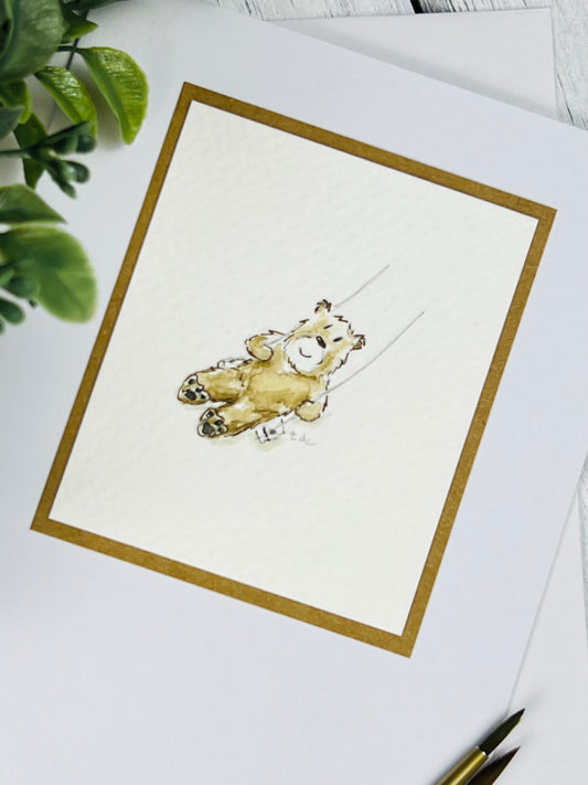 "Bear Swinging" - Hand Painted Watercolor Greeting Card