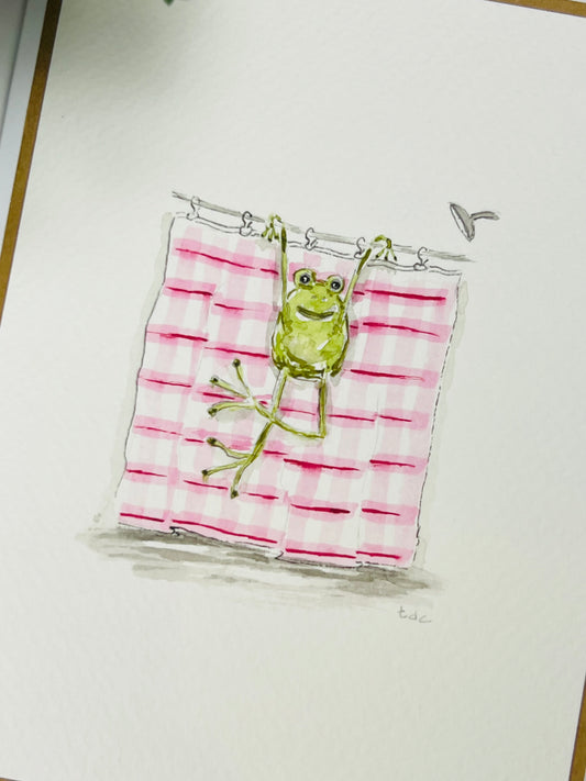 "Showering Frog" - Hand Painted Watercolor Greeting Card