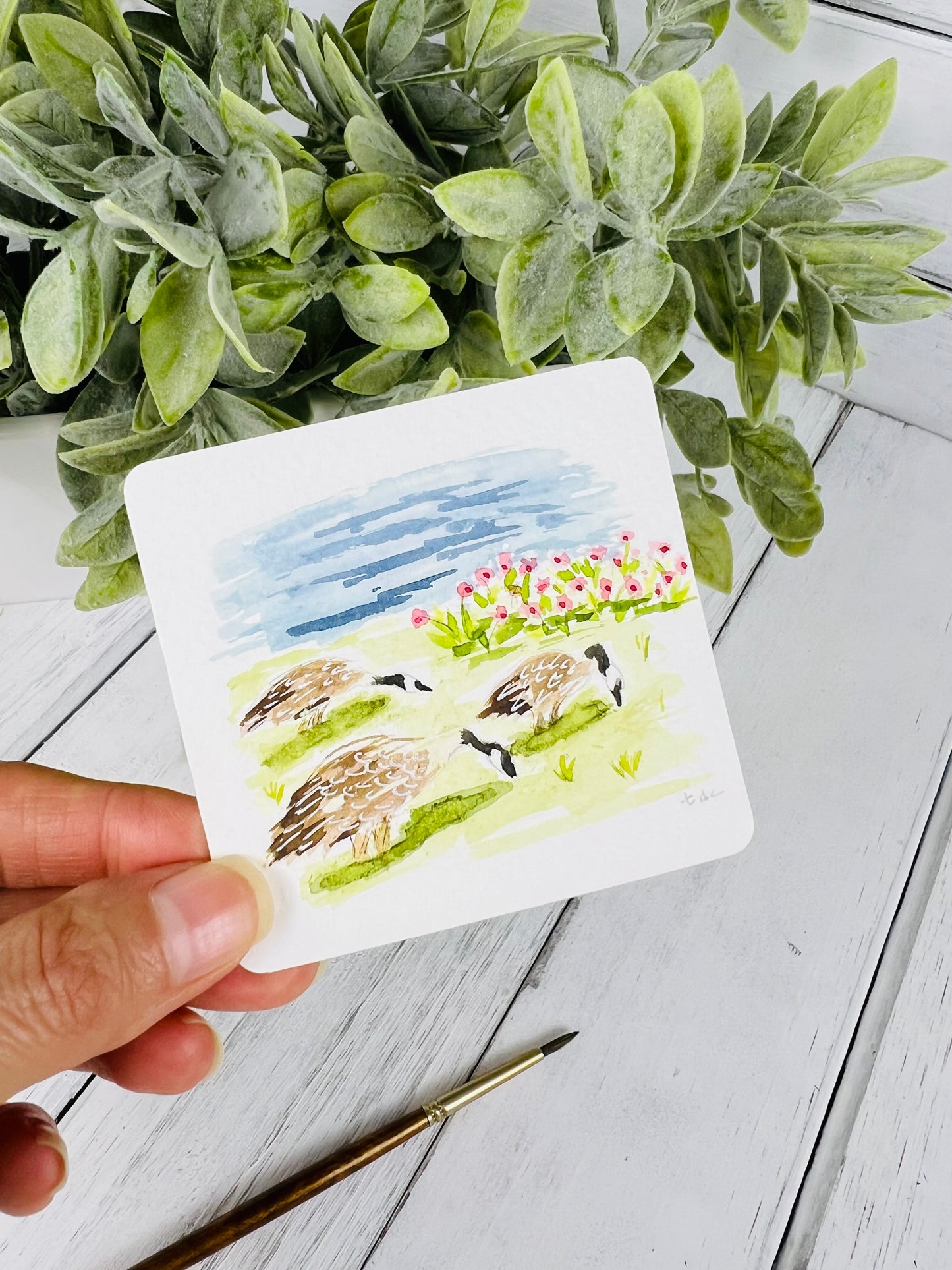 "Geese by the Lake" - Hand Painted Watercolor Framed Art