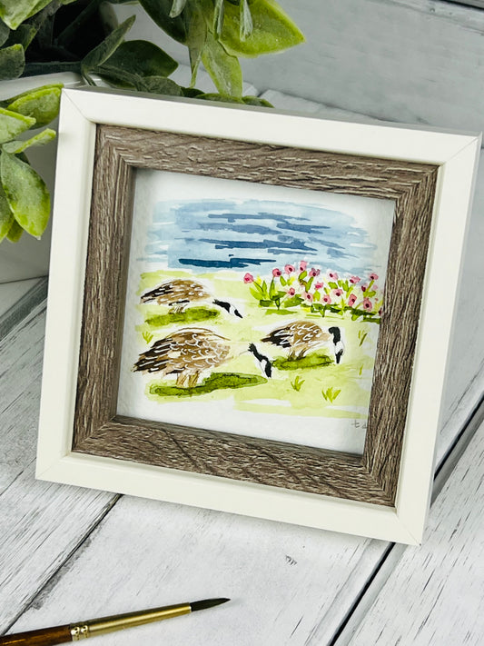 "Geese by the Lake" - Hand Painted Watercolor Framed Art