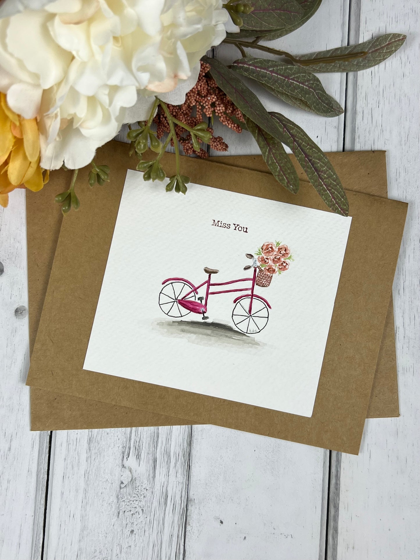 "Miss You" - Hand Painted Watercolor Greeting Card