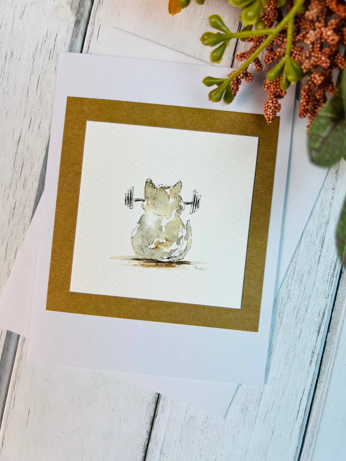 "Cat Workout" - Hand Painted Watercolor Greeting Card