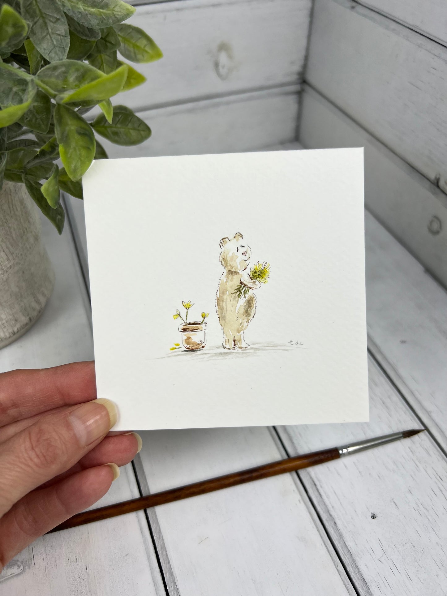"Sweet Bear with Flowers" - Original Watercolor Framed Art