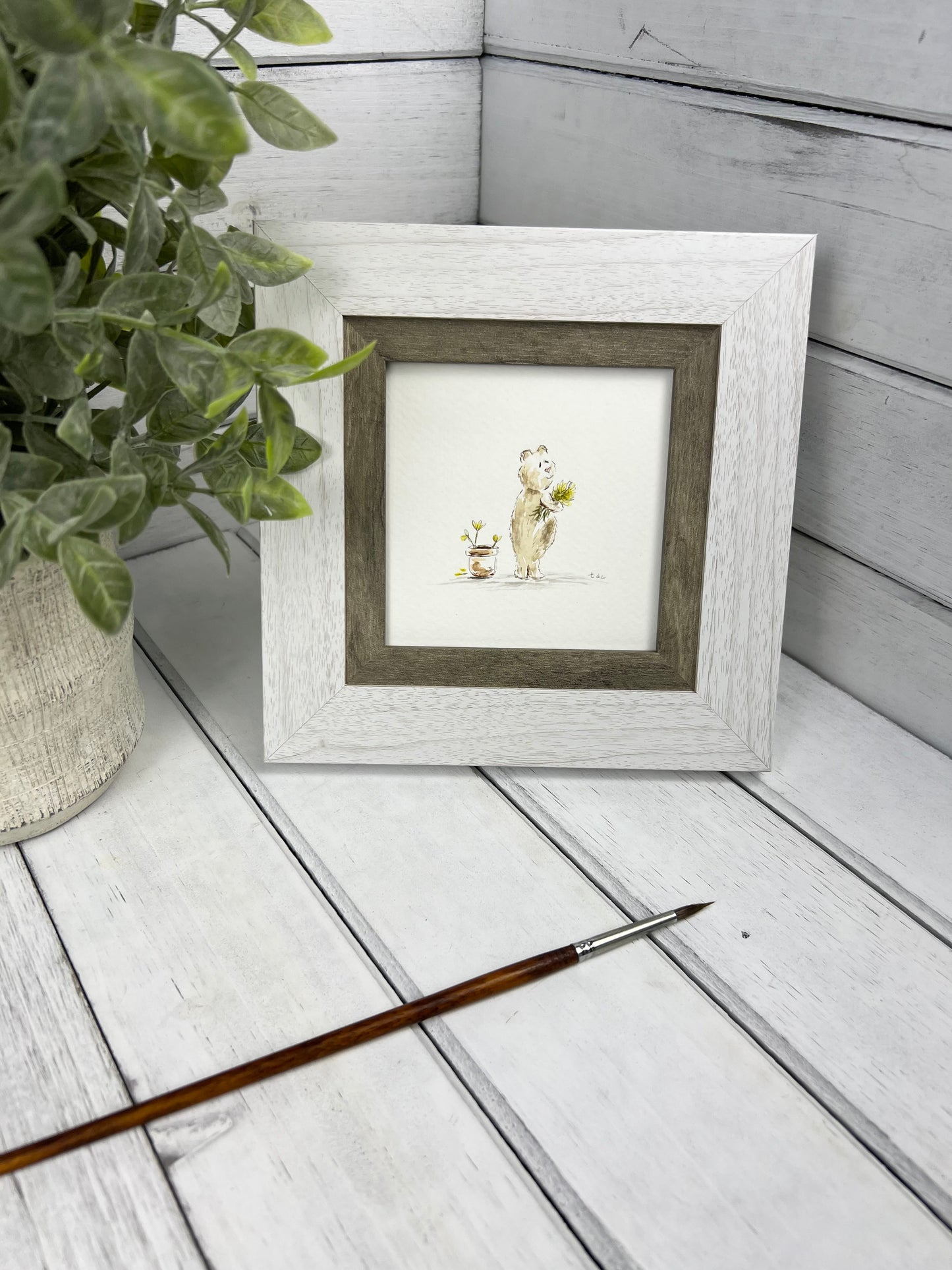 "Sweet Bear with Flowers" - Original Watercolor Framed Art