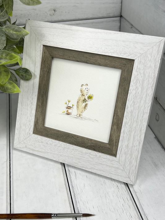 "Sweet Bear with Flowers" - Original Watercolor Framed Art