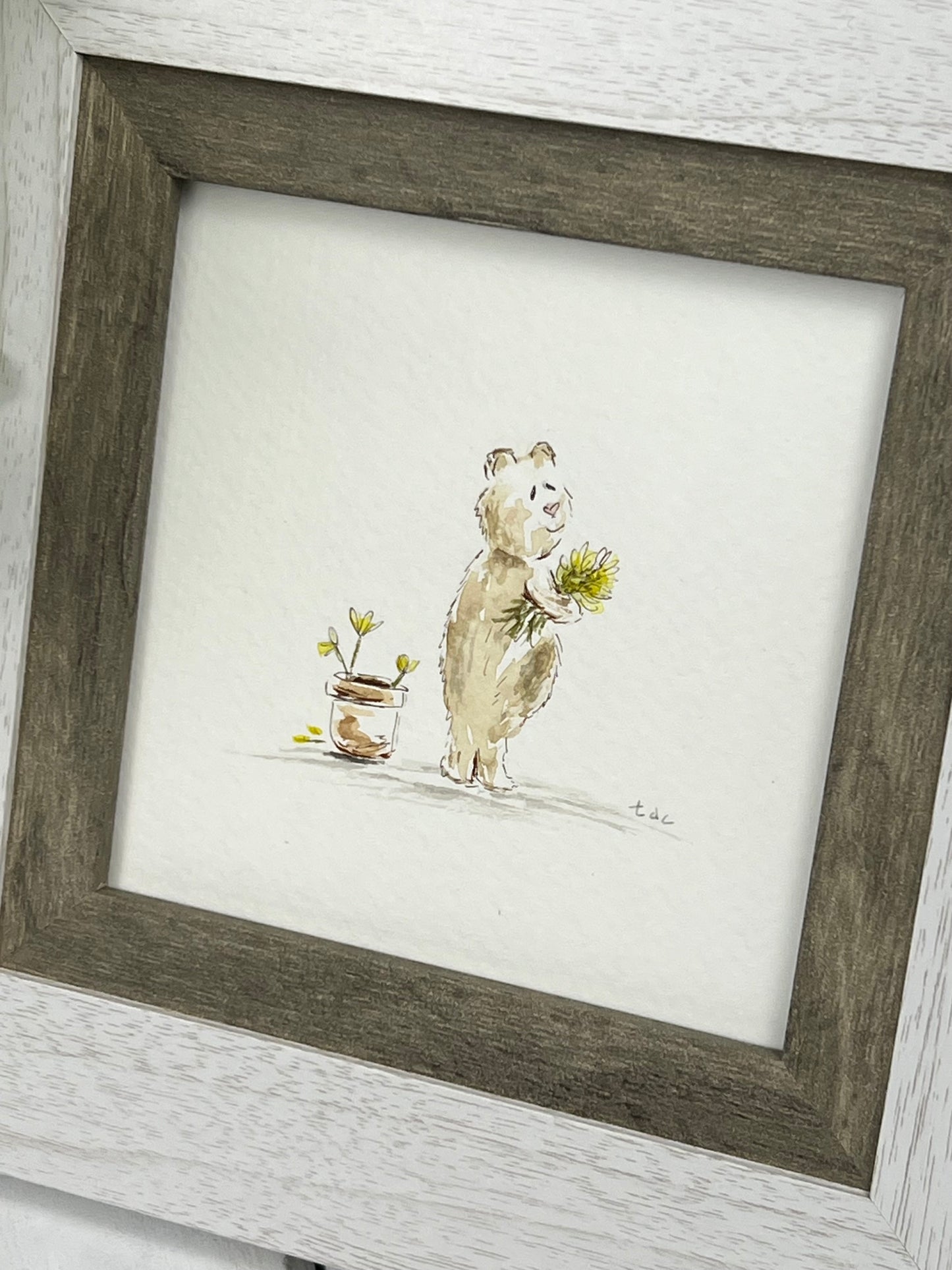 "Sweet Bear with Flowers" - Original Watercolor Framed Art
