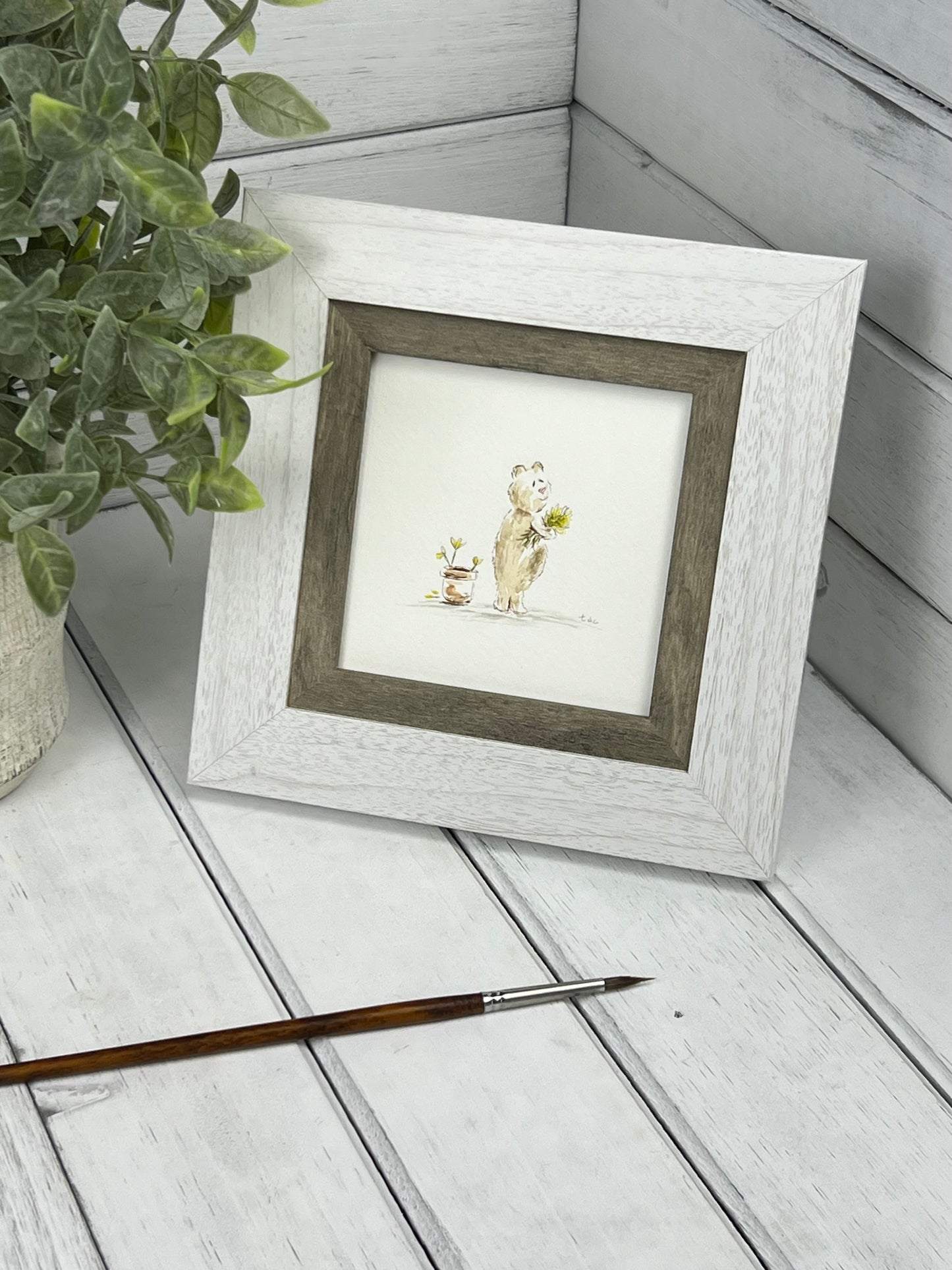 "Sweet Bear with Flowers" - Original Watercolor Framed Art