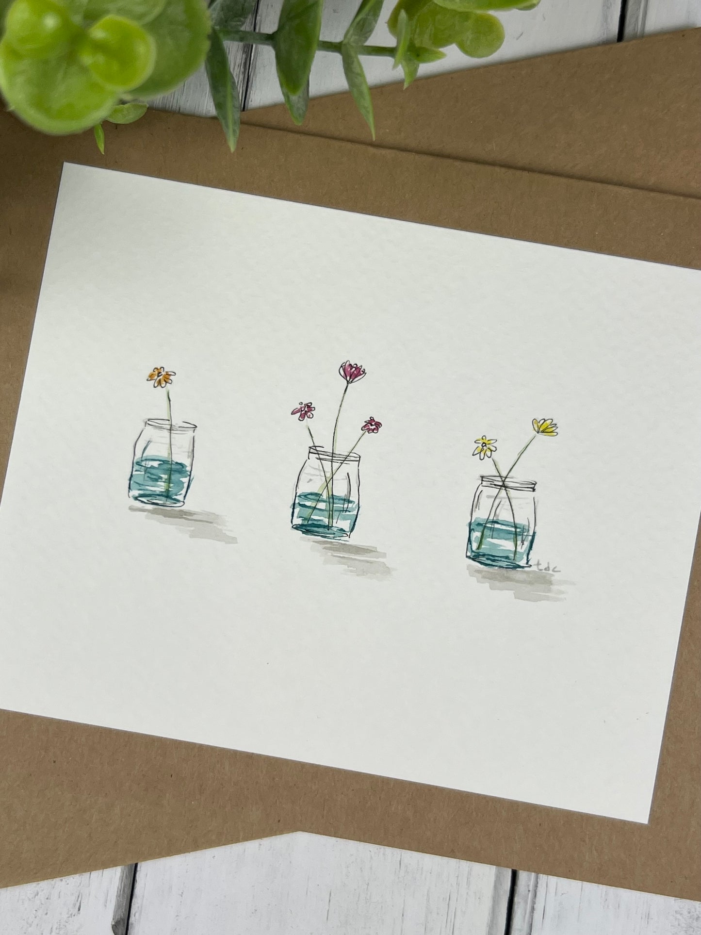 "Jars of Daisies" - Hand Painted Watercolor Greeting Card