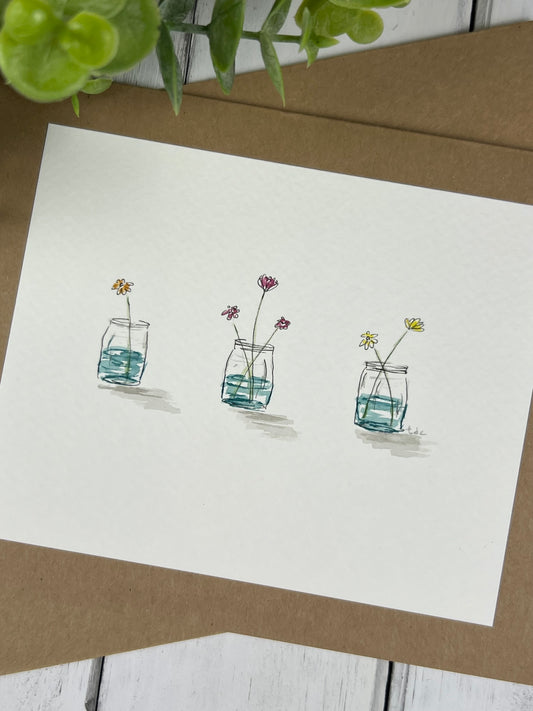 "Jars of Daisies" - Hand Painted Watercolor Greeting Card