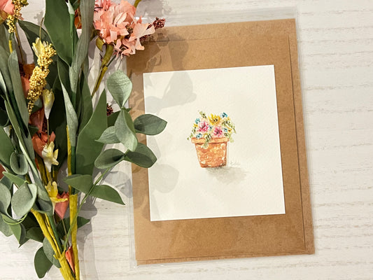 "Spring Flower Pot" - Original Watercolor Kraft Greeting Card