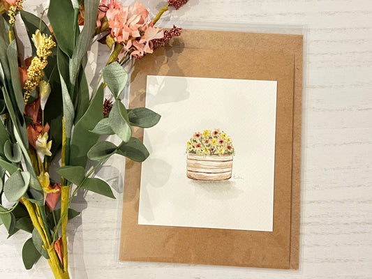 "Barrel of Flowers" - Original Watercolor Kraft Greeting Card